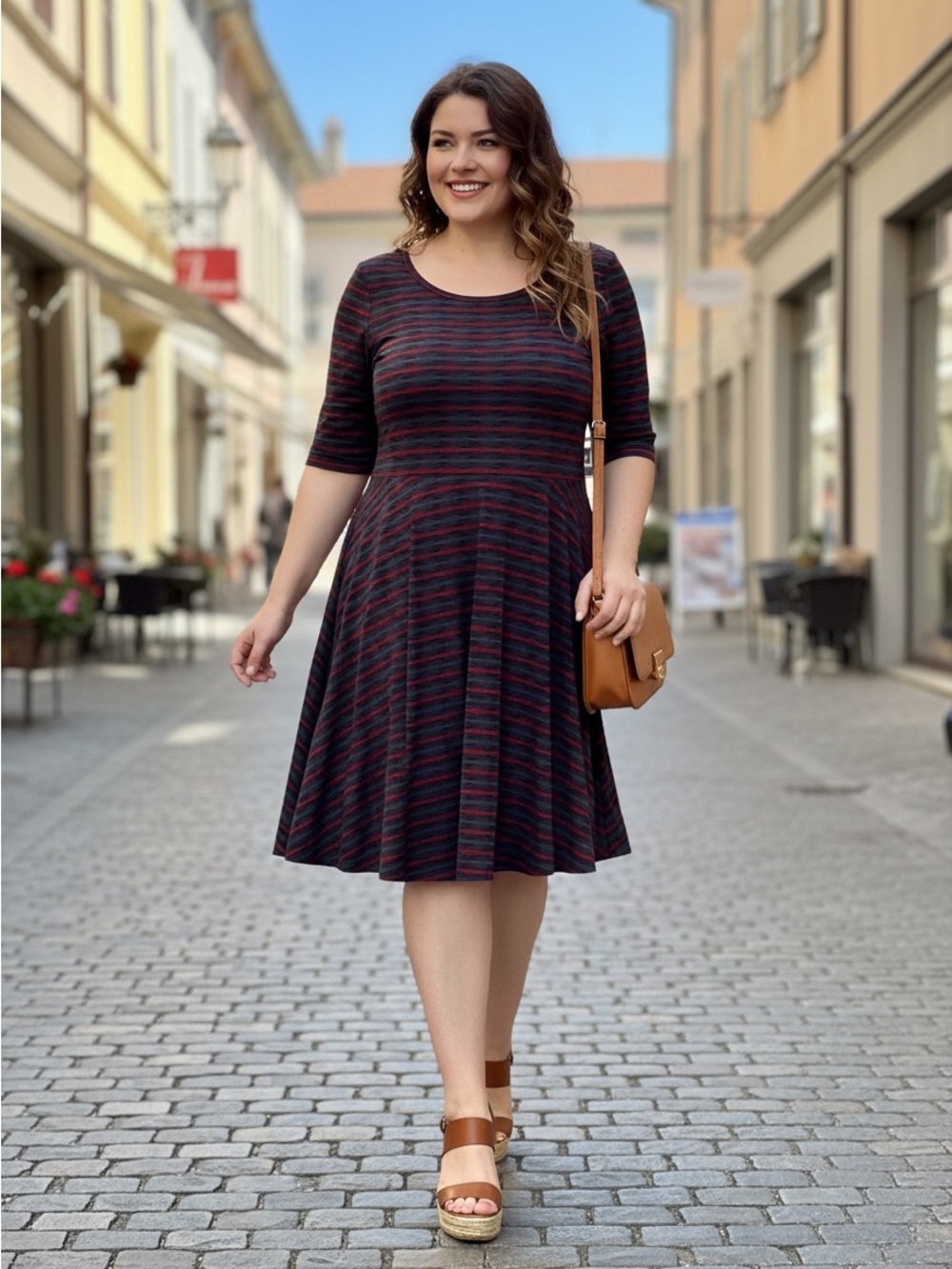 NWT LuLaRoe Striped Fit & Flare Midi Dress in Navy and Red